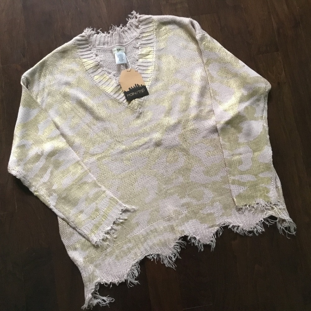NWT $53 MAIN STRIP tan gold Leopard distressed sweater S M L